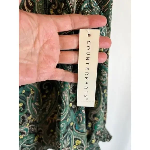 Counterparts Blouse Womens L Green Paisley New Long Sleeves Ruffle - Picture 8 of 9